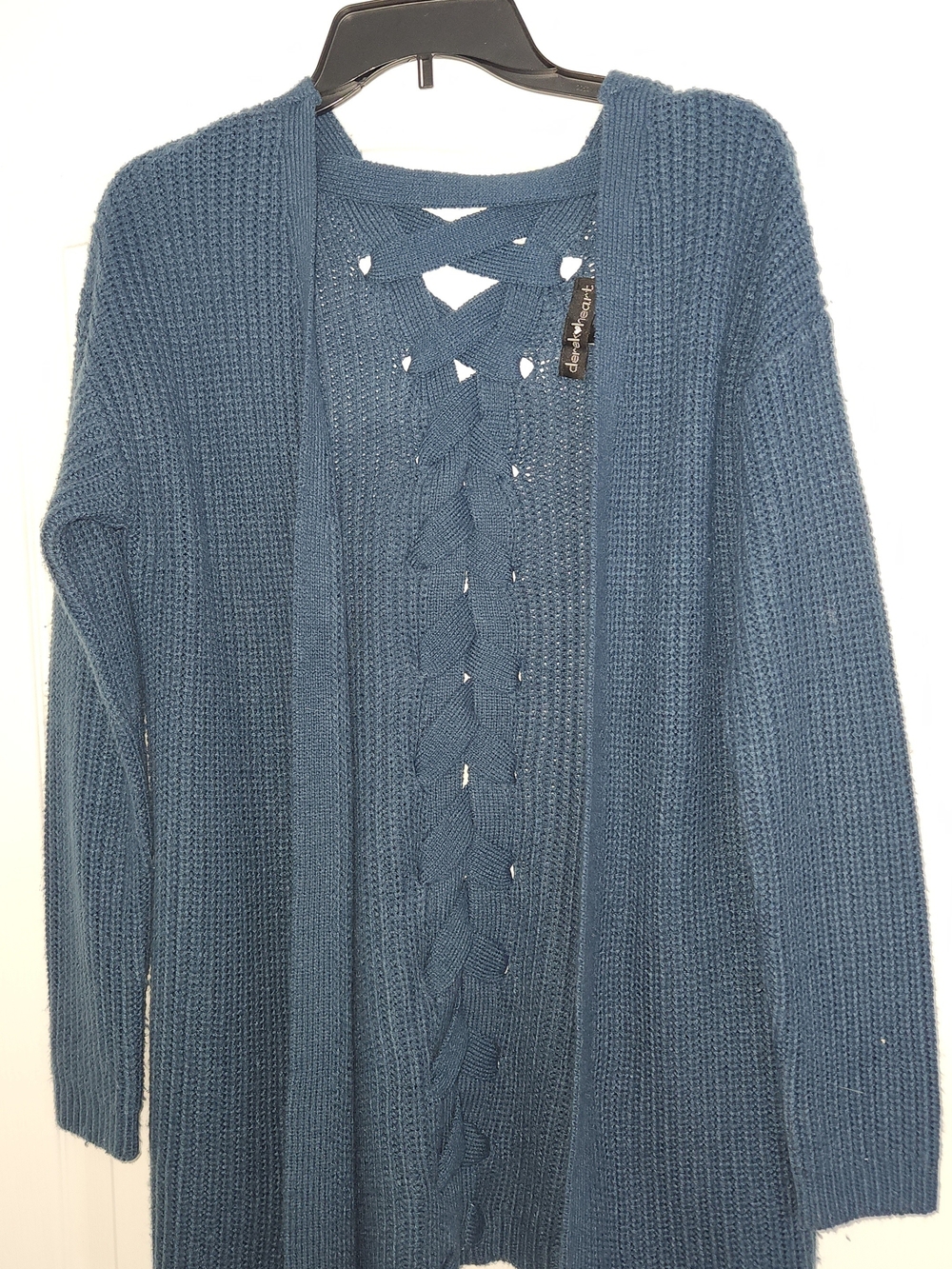 Derek Heart Blue Open-Front Cable-Back Cardigan